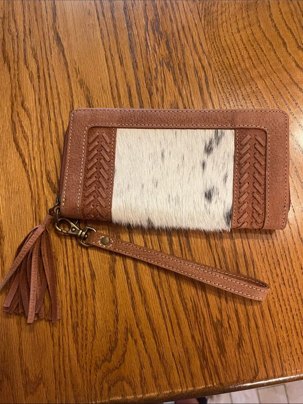 Leather & Cowhide Wristlet Wallet in Chestnut and White